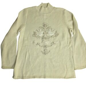 COLDWATER CREEK L Cream Rabbit Hair Mock Neck Sweater Embroidered Cottagecore
